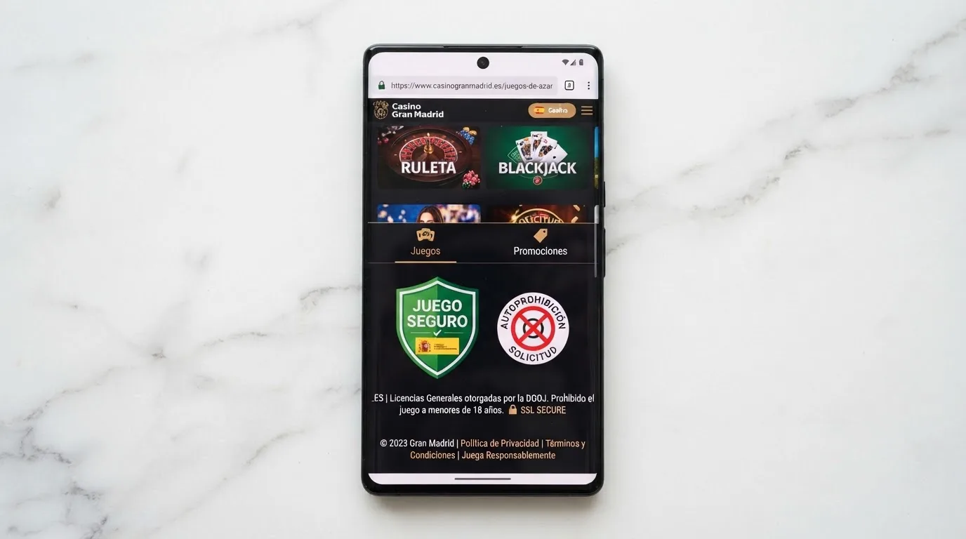Pie de página de un casino móvil con dominio .es mostrando los sellos de licencia DGOJ, Juego Seguro y certificado SSL junto al aviso legal y la edad mínima