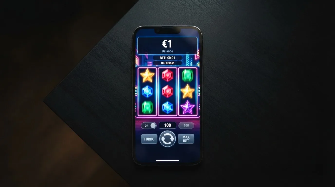 Una pantalla de slot online con el contador de saldo marcando 1 euro y la apuesta ajustada a 0,01 euros, mostrando que quedan 100 tiradas disponibles