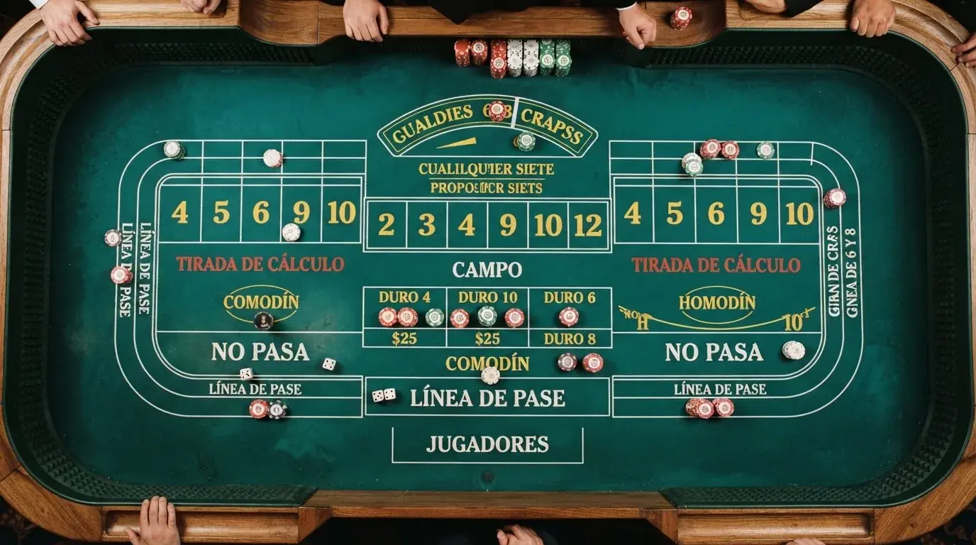Tabla de apuestas del Craps con las zonas de Pass Line, Don't Pass, Field y Odds señalizadas sobre el tapete
