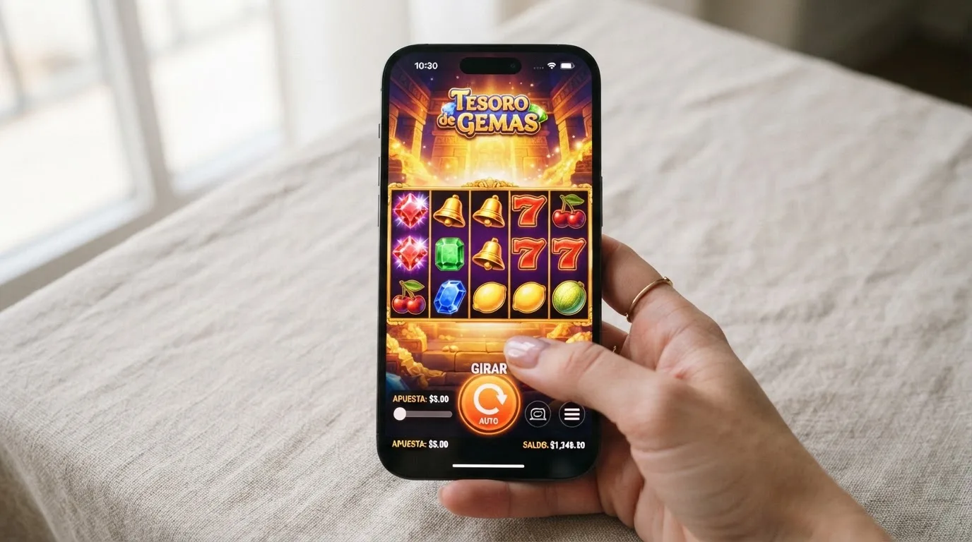 Tragaperras móvil en formato vertical con los rodillos ocupando la pantalla y los botones de apuesta, giro y menú dispuestos para alcanzarse con el pulgar