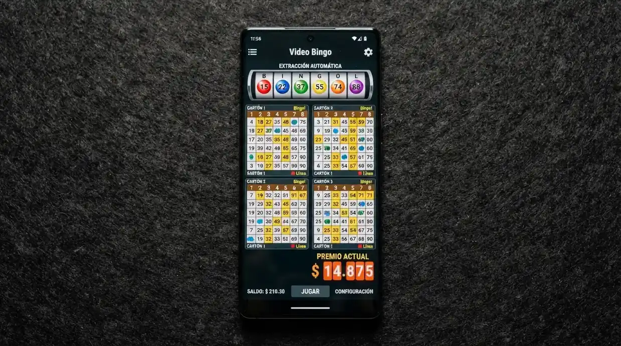 Interfaz de un juego de video bingo con cuatro cartones activos en pantalla, extracción automática de bolas numeradas y un contador de premio instantáneo visible